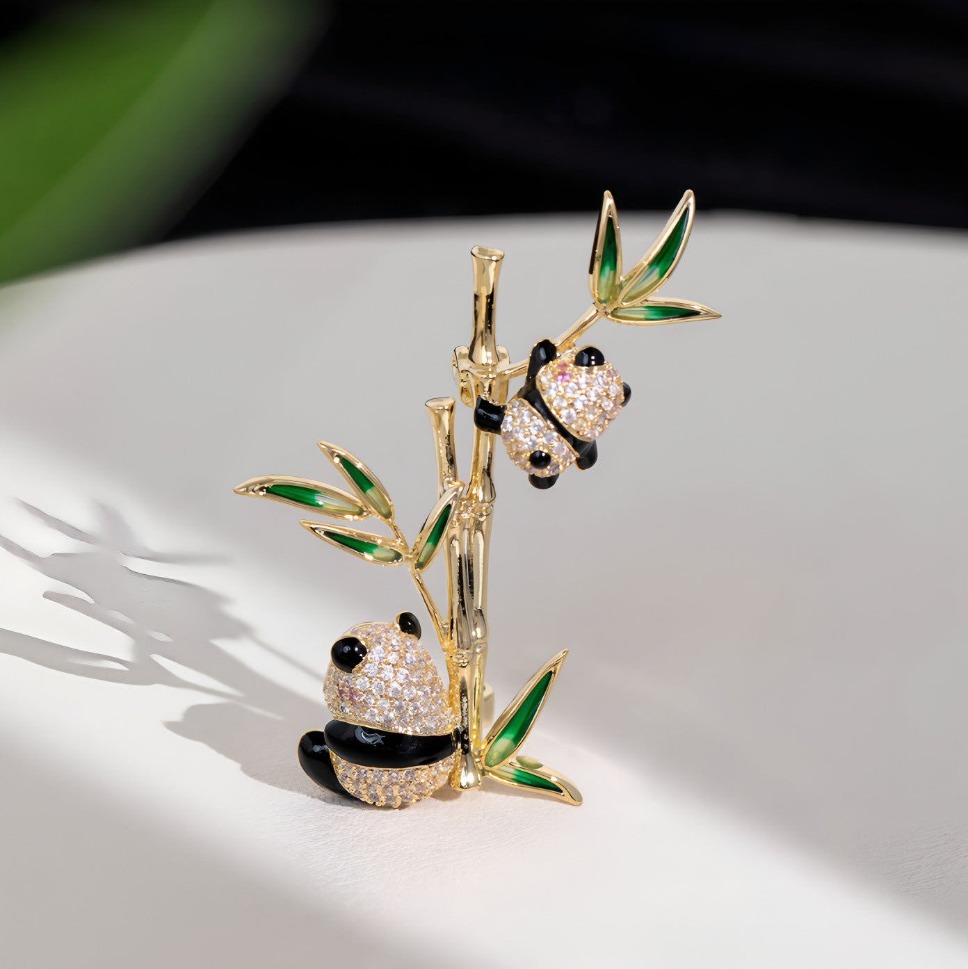 Double Panda Bamboo Brooch - Elegant Enamel Pin