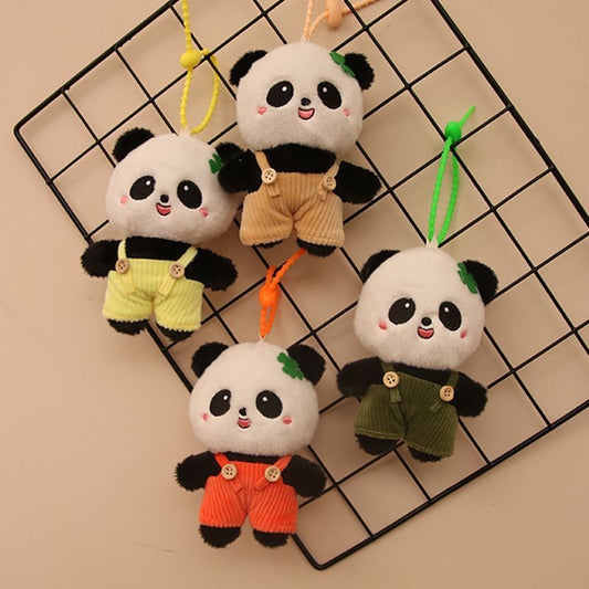 Llavero de peluche de panda con overol