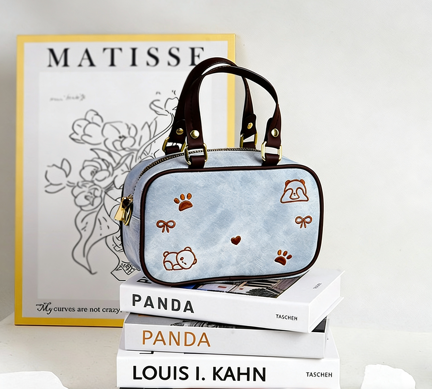 Panda Embroidered Handbag - Mini Top Handle Tote
