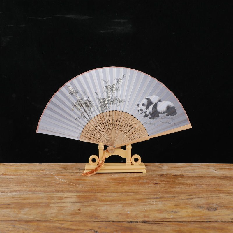 Chinese Ink Wash Panda Bamboo Hand Fan