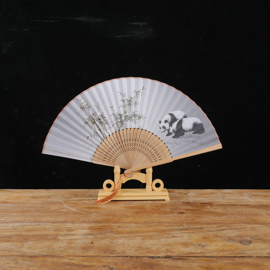 Chinese Ink Wash Panda Bamboo Hand Fan