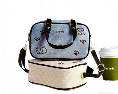 Panda Embroidered Handbag - Mini Top Handle Tote