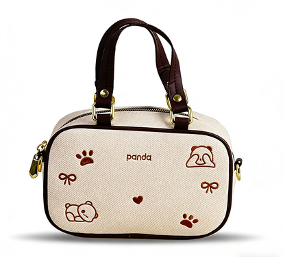 Panda Embroidered Handbag - Mini Top Handle Tote