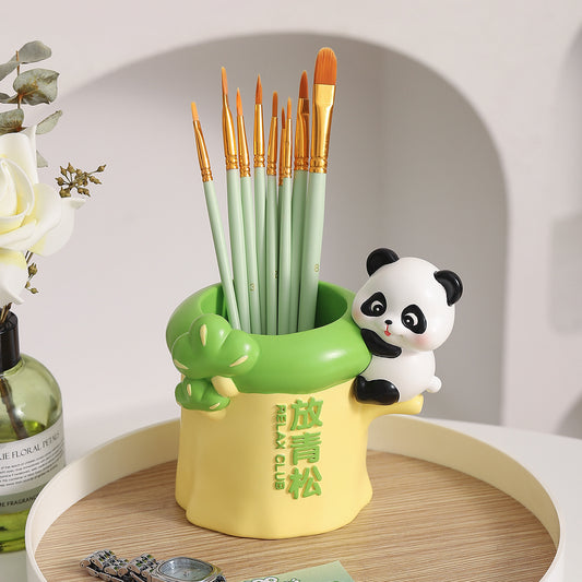 Bonito soporte de resina para bolígrafos y organizador de brochas de maquillaje con diseño de panda