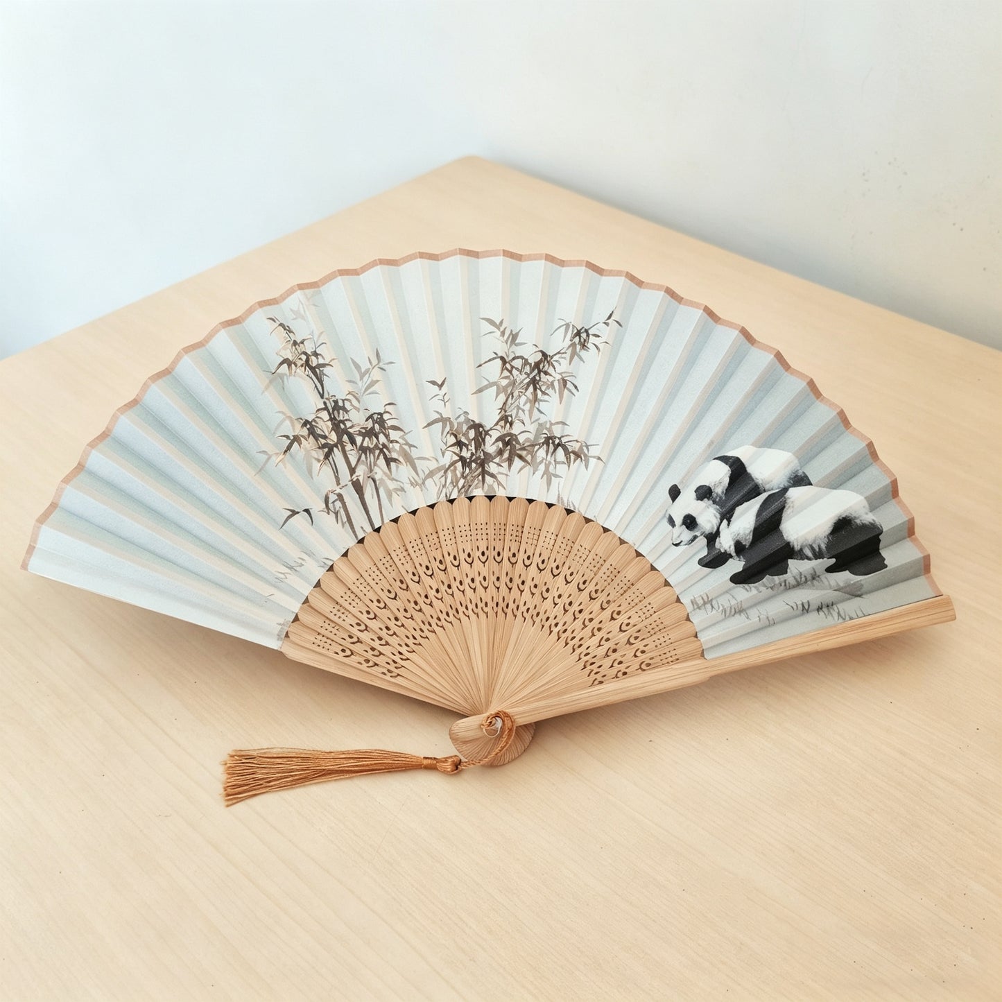Chinese Ink Wash Panda Bamboo Hand Fan