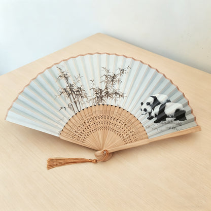 Chinese Ink Wash Panda Bamboo Hand Fan